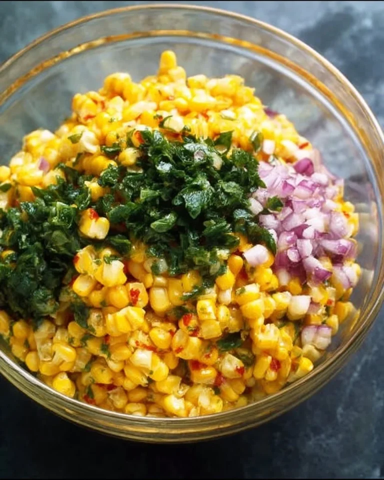 A bowl of colorful roasted corn salsa with fresh cilantro and lime.