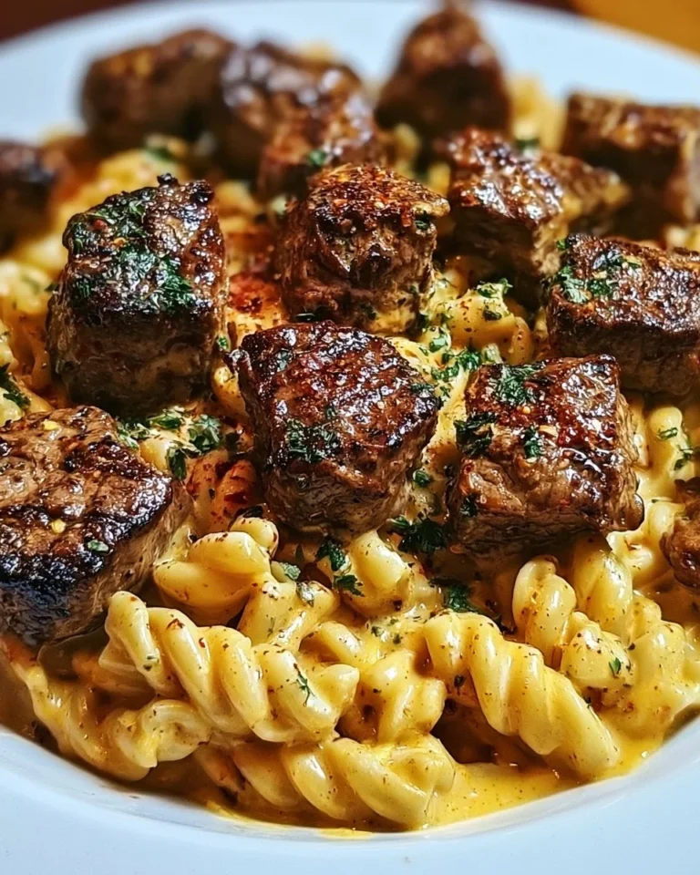 Delicious Steak Bites Cajun Alfredo served in a bowl with spices and noodles
