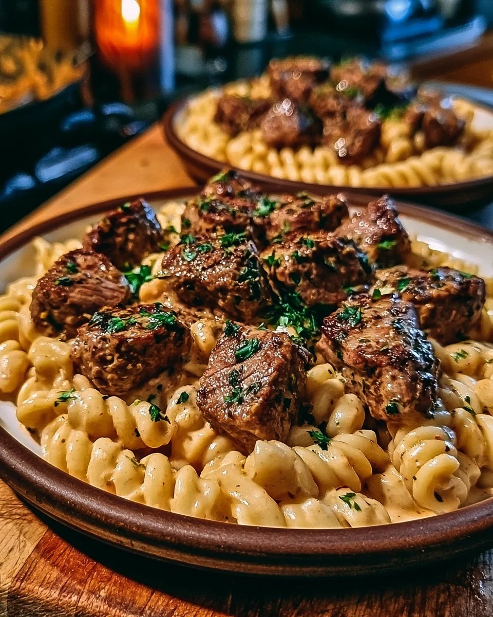 Creamy Garlic Butter Steak Bites with Spicy Cajun Alfredo Twisted Pasta