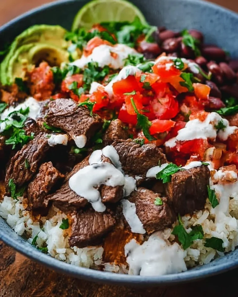 Delicious steak burrito bowl with fresh toppings and flavorful ingredients