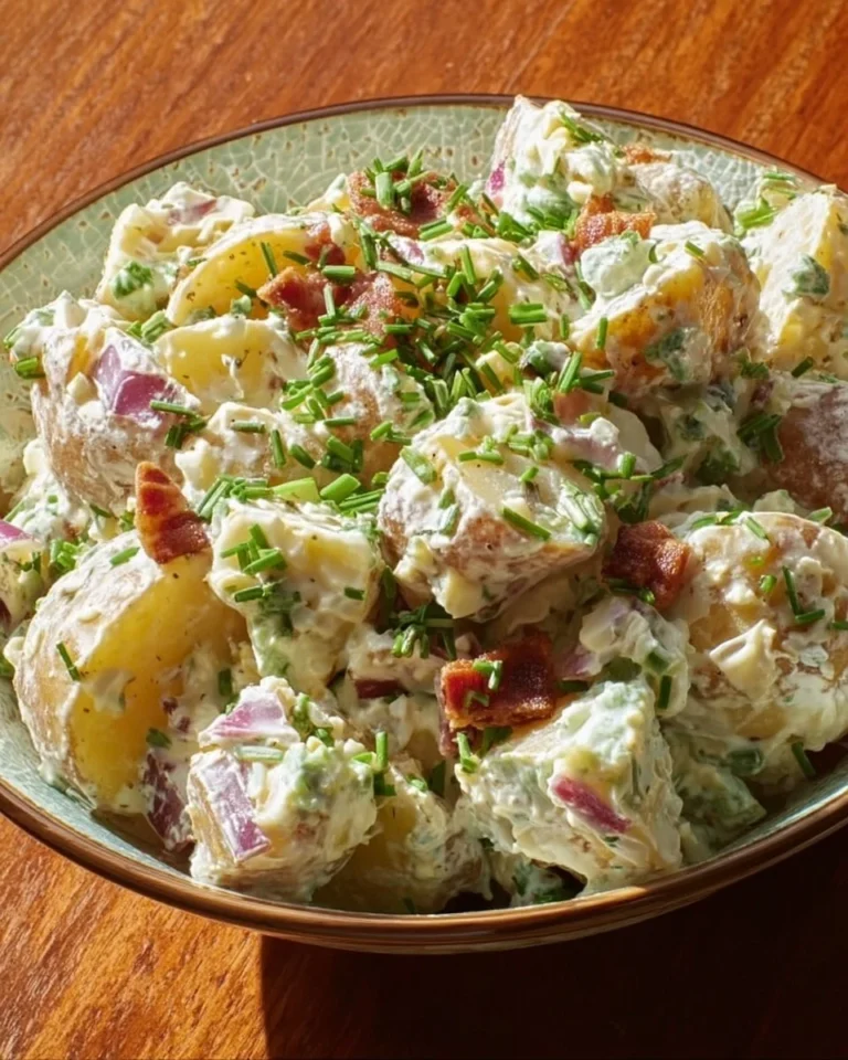 Delicious steakhouse potato salad served in a bowl with fresh herbs