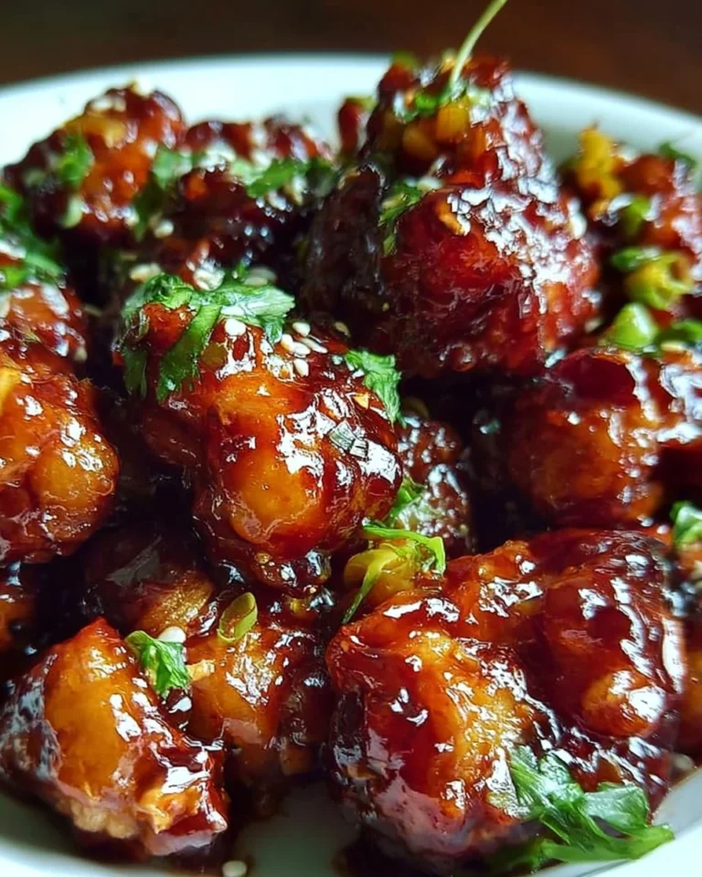 Delicious sticky honey chicken served with garnish.