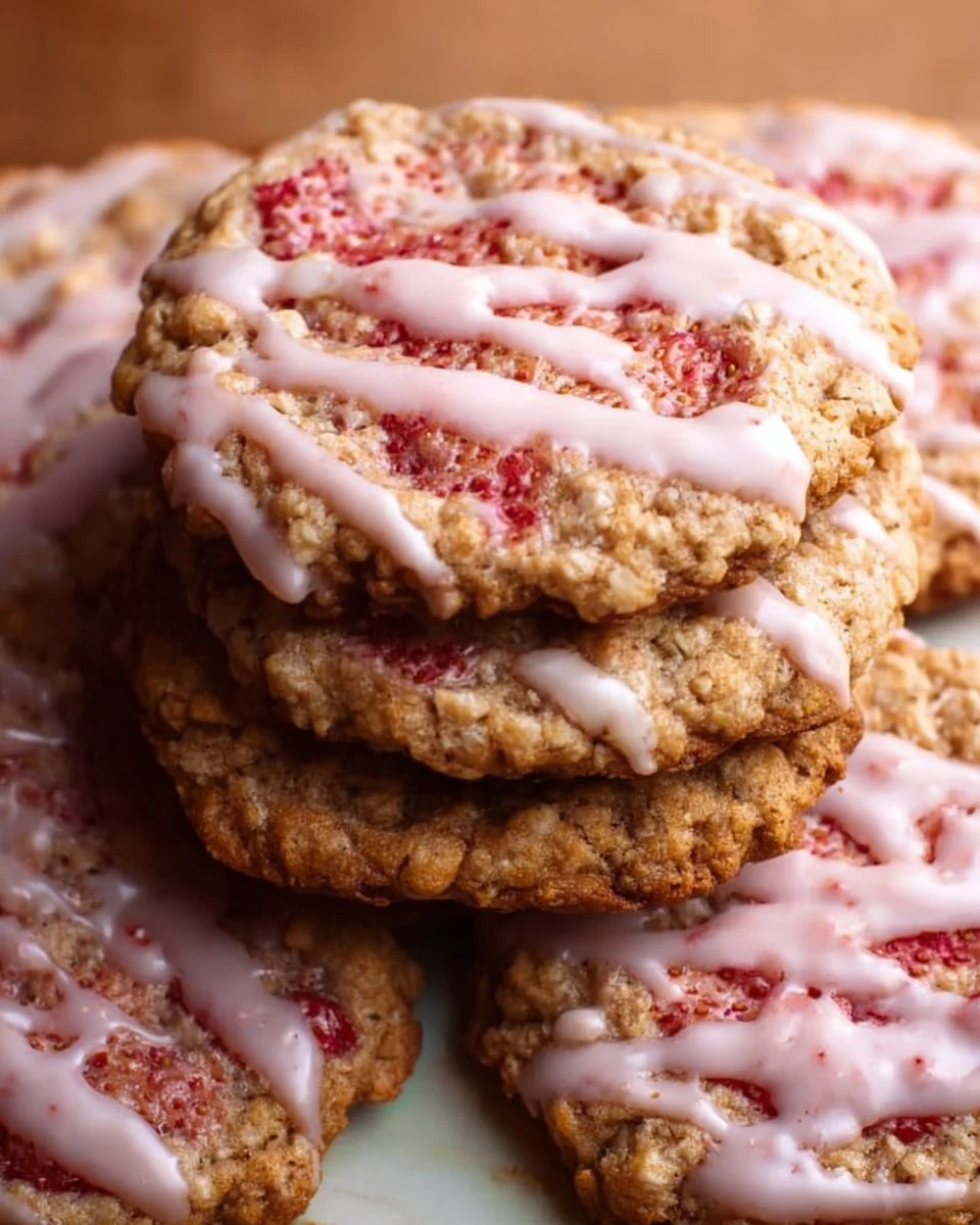 Delicious strawberry iced oatmeal cookies on a plate
