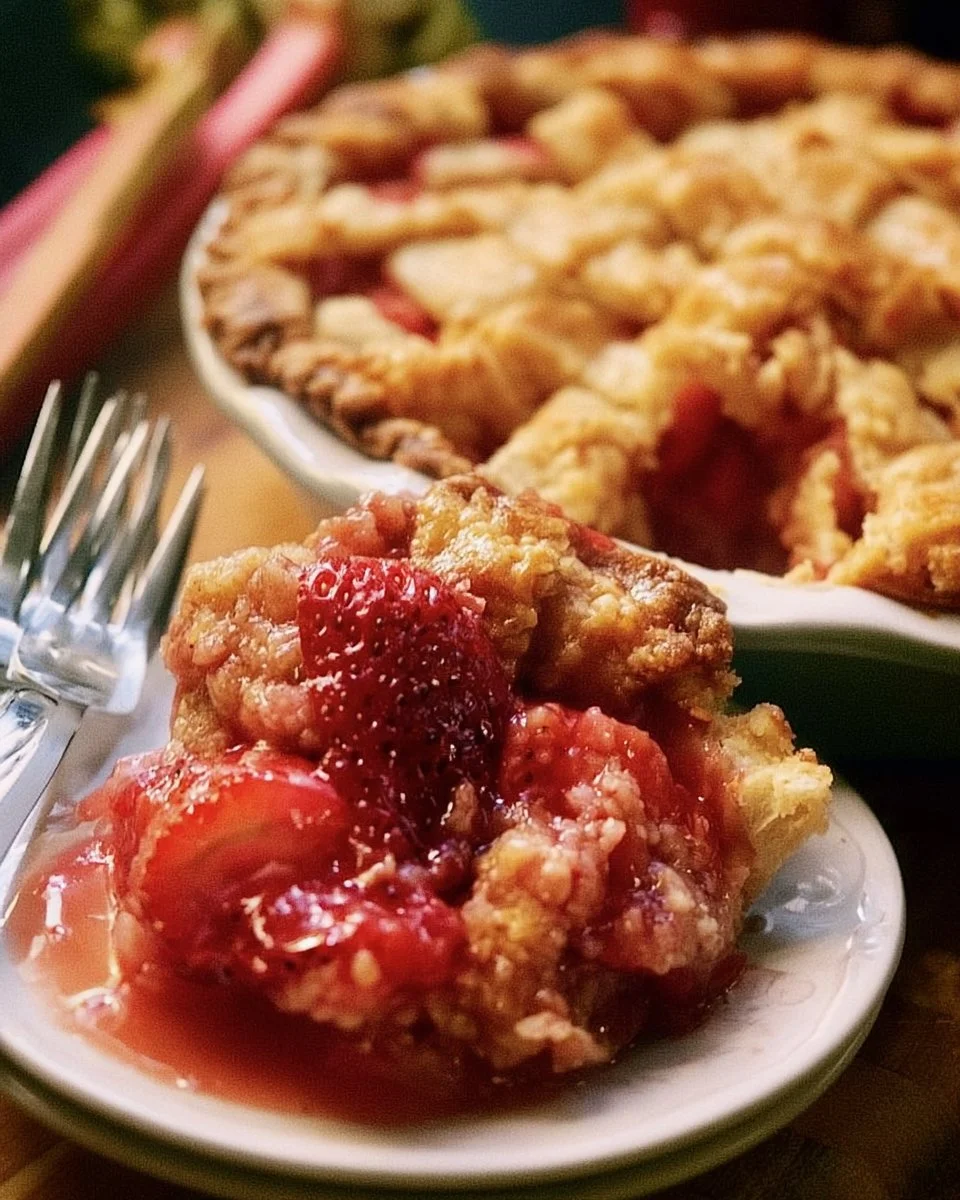 A delicious slice of easy strawberry rhubarb pie on a plate.