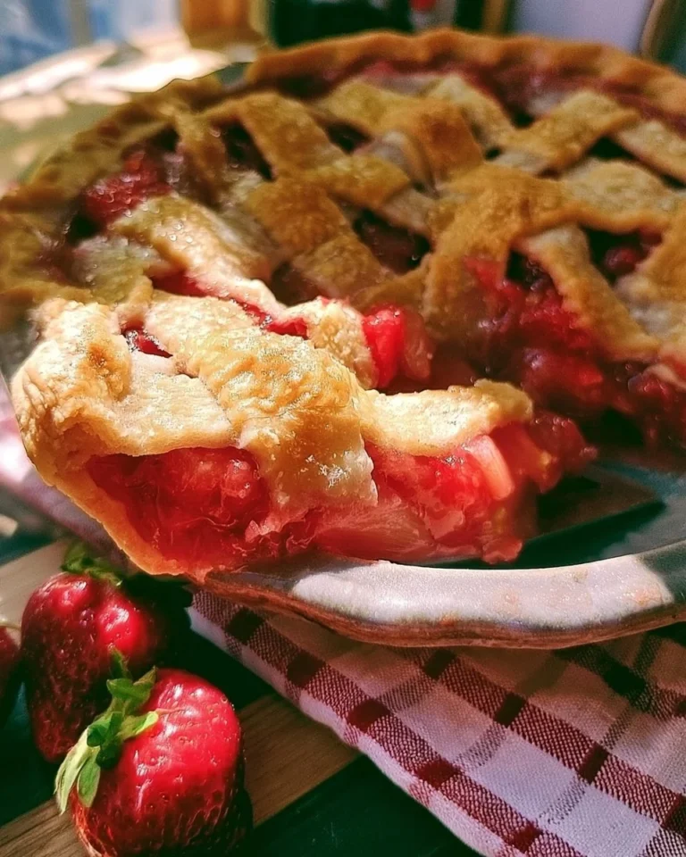 Slice of delicious Strawberry Rhubarb Pie on a plate