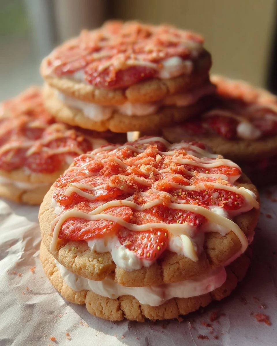 Freshly baked strawberry shortcake cookies with strawberries and whipped cream topping
