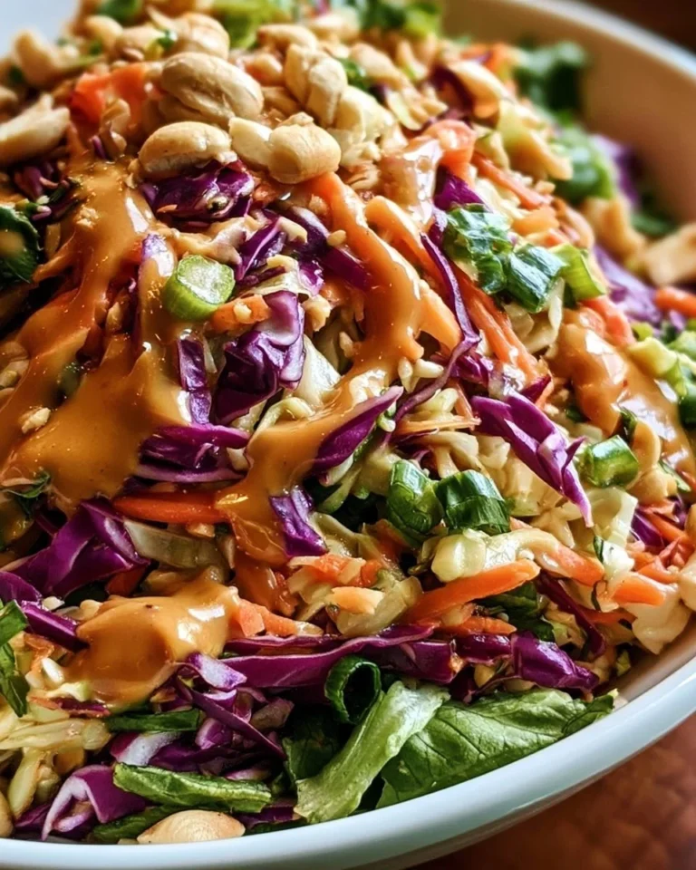 Vibrant Thai Crunch Salad with Easy Peanut Ginger Sauce in a bowl.