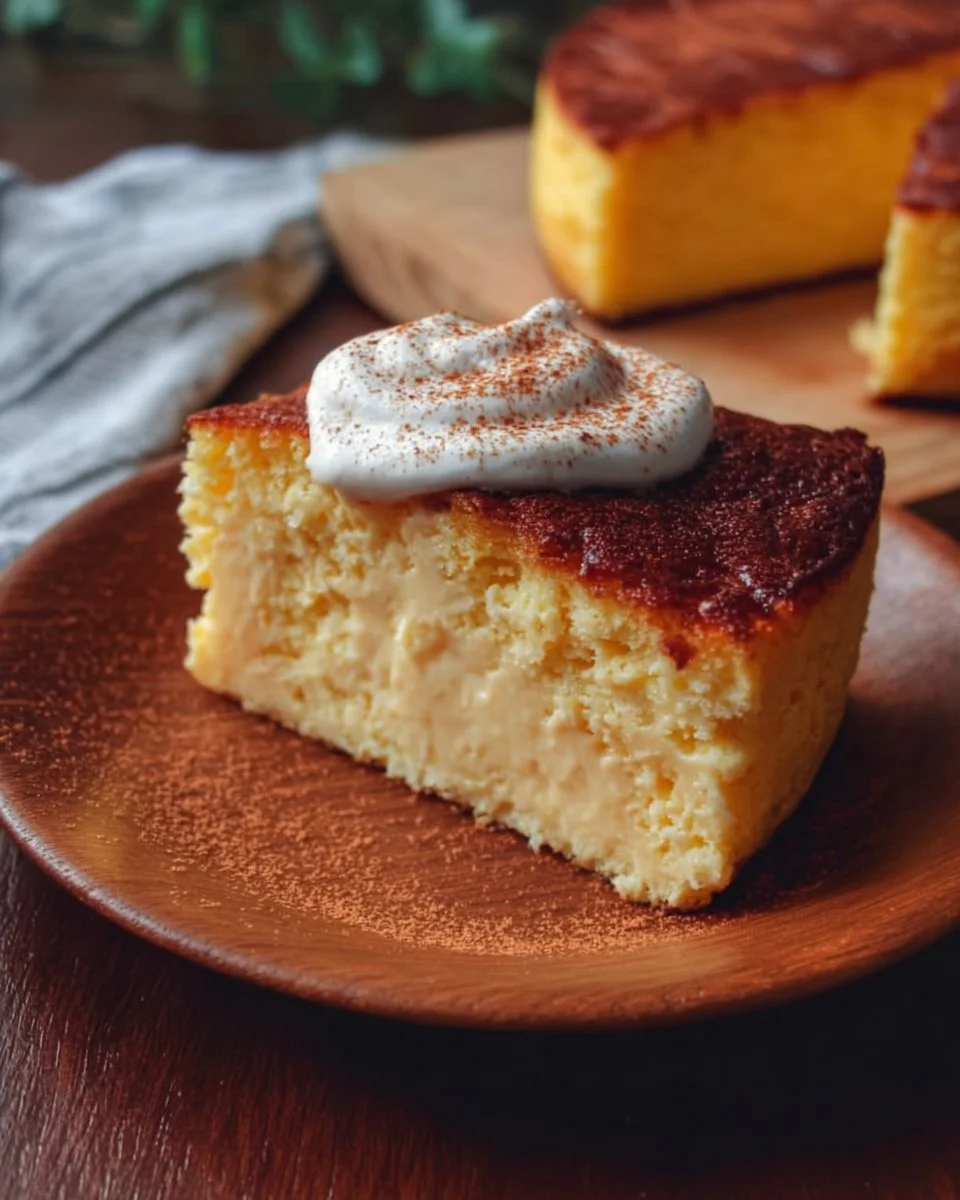 A slice of moist Three Milks Cake topped with cream and fruit.