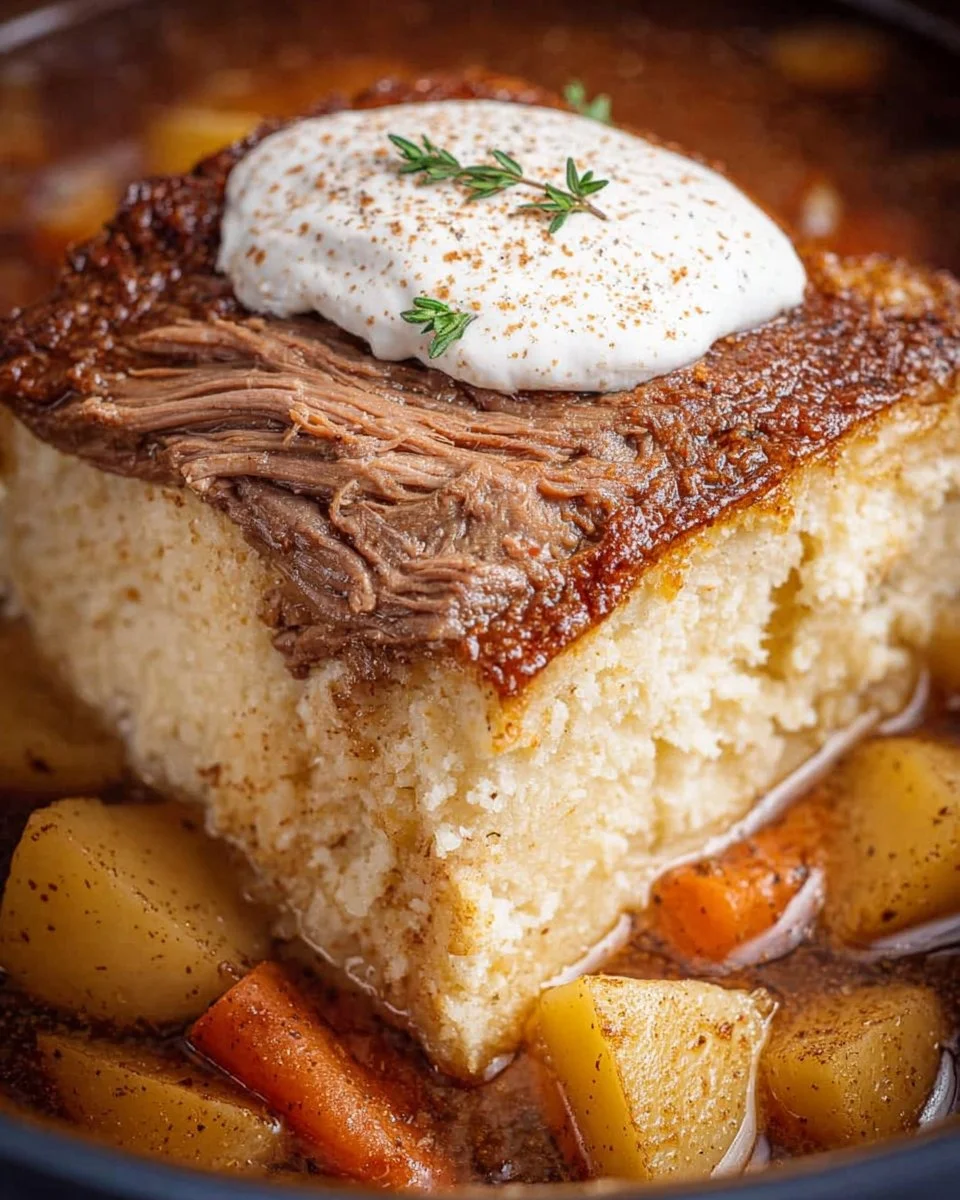 Delicious slow cooker pot roast with vegetables and herbs served in a bowl