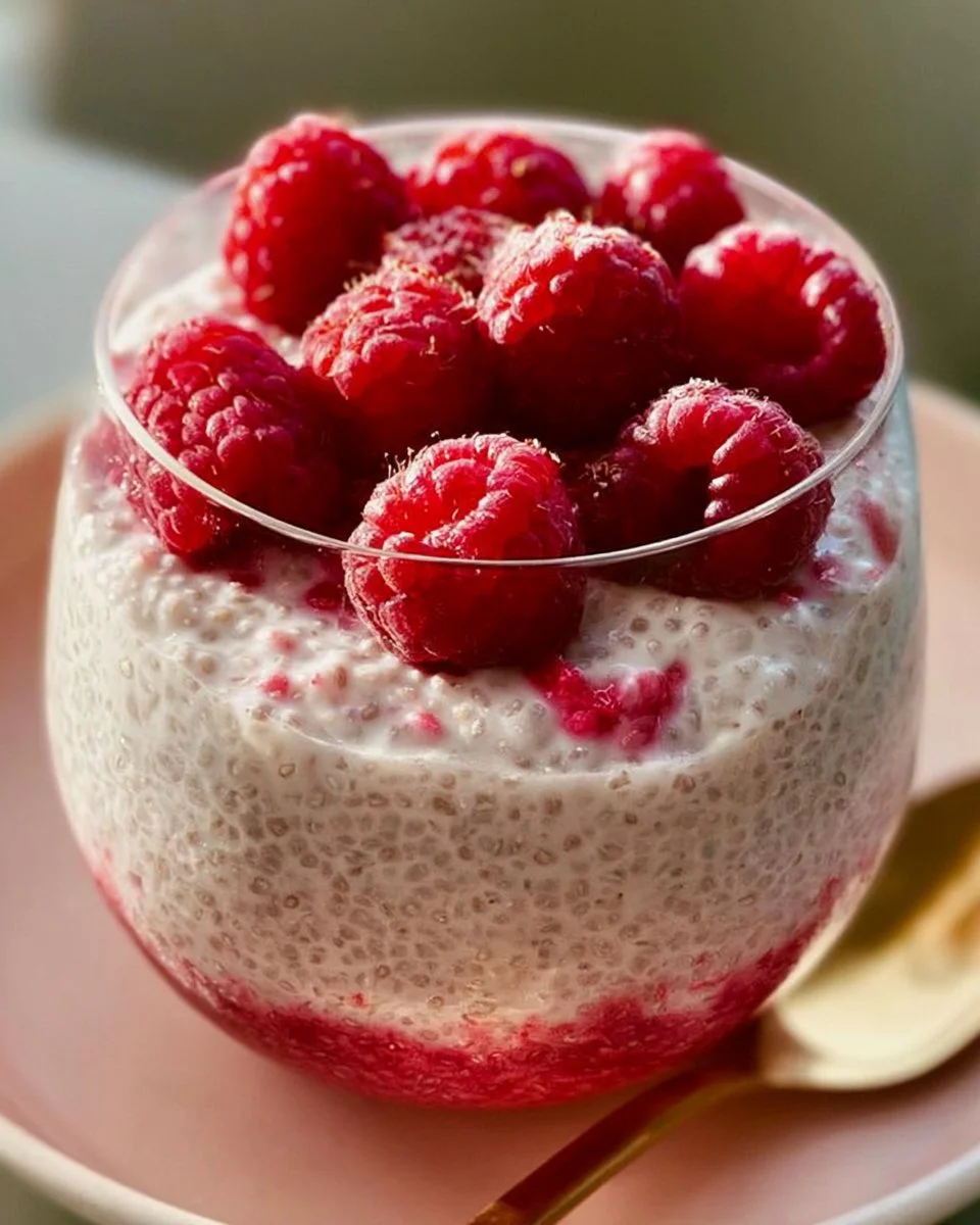 Vanilla raspberry chia pudding served in a glass bowl