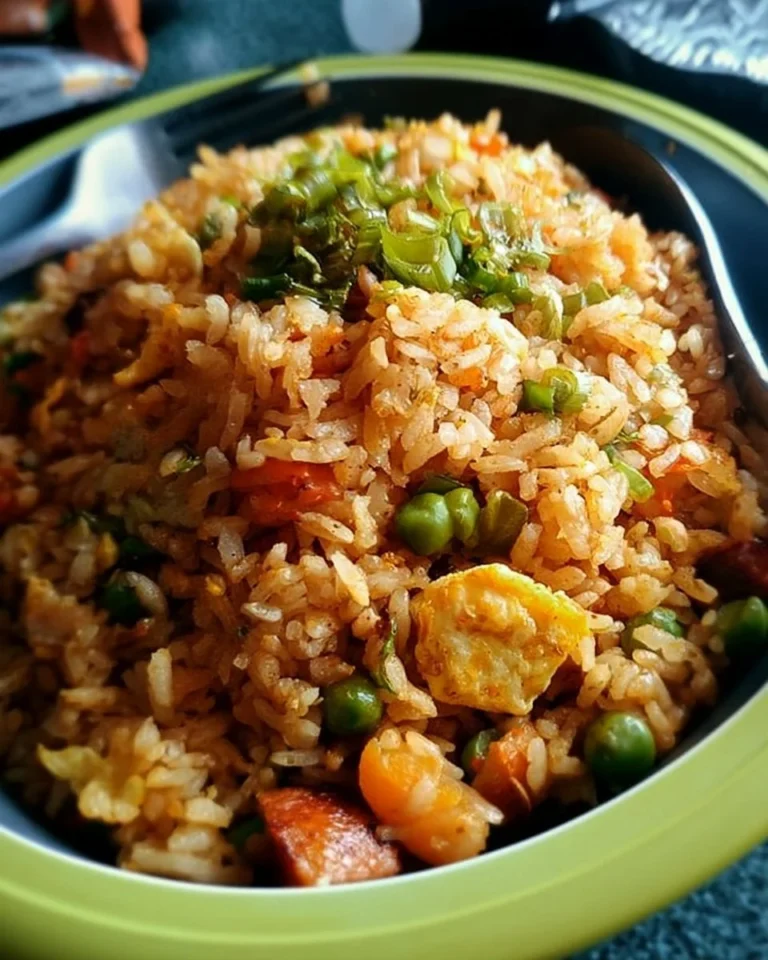 Quick and easy 15 minute fried rice dish garnished with vegetables and herbs.