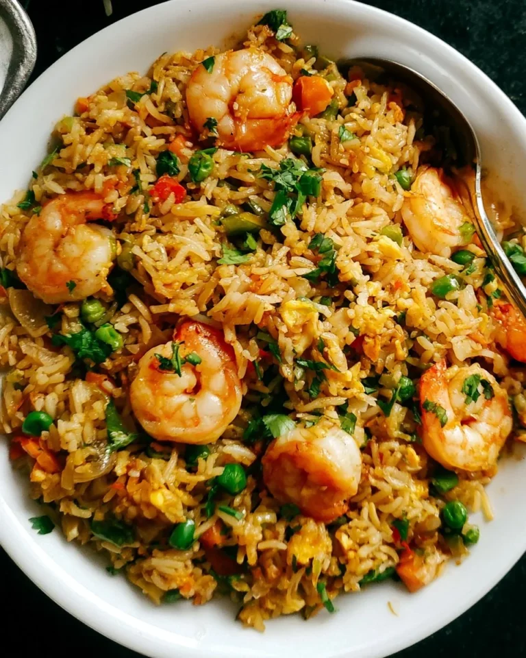 A plate of quick and easy shrimp fried rice ready in 20 minutes