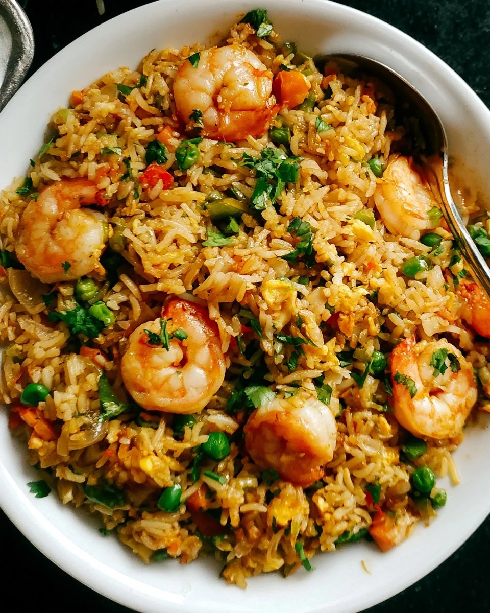 A plate of quick and easy shrimp fried rice ready in 20 minutes