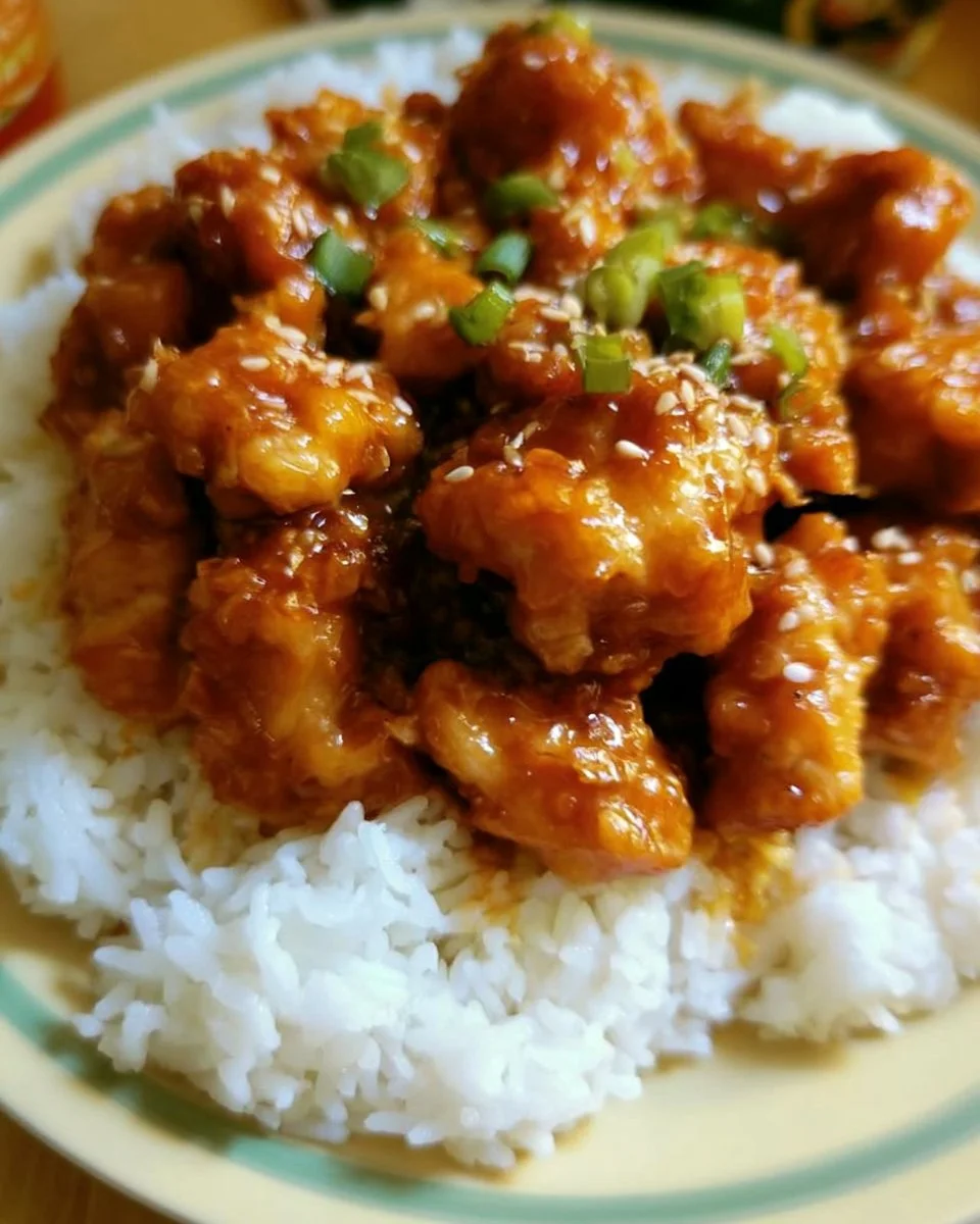 Simple 3 Ingredient Orange Chicken dish on a plate garnished with green onions.