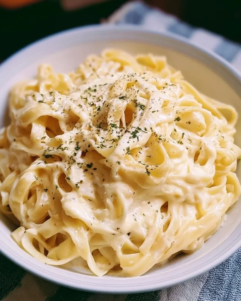 Plate of 5 ingredient Fettuccine Alfredo with creamy sauce and parmesan cheese