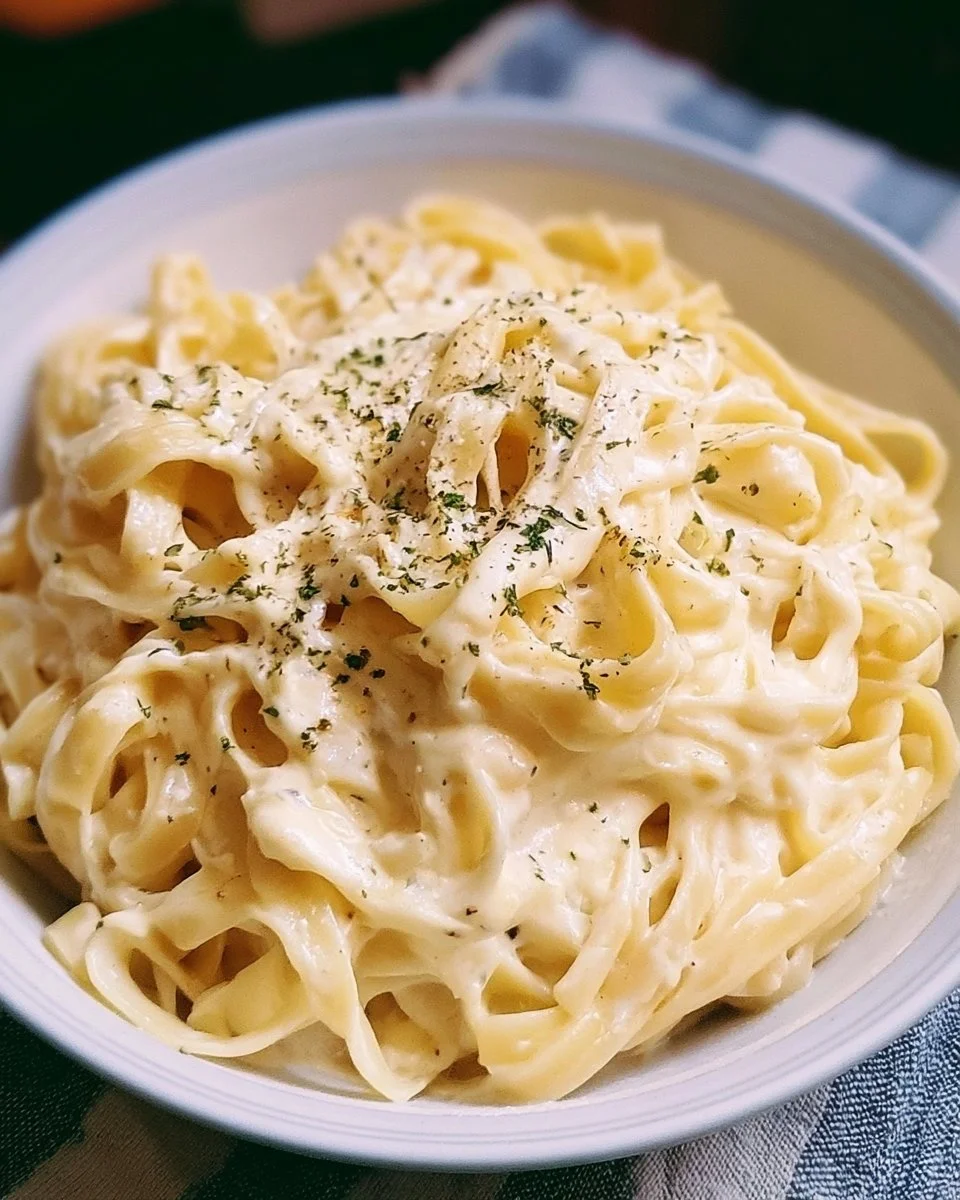 Plate of 5 ingredient Fettuccine Alfredo with creamy sauce and parmesan cheese
