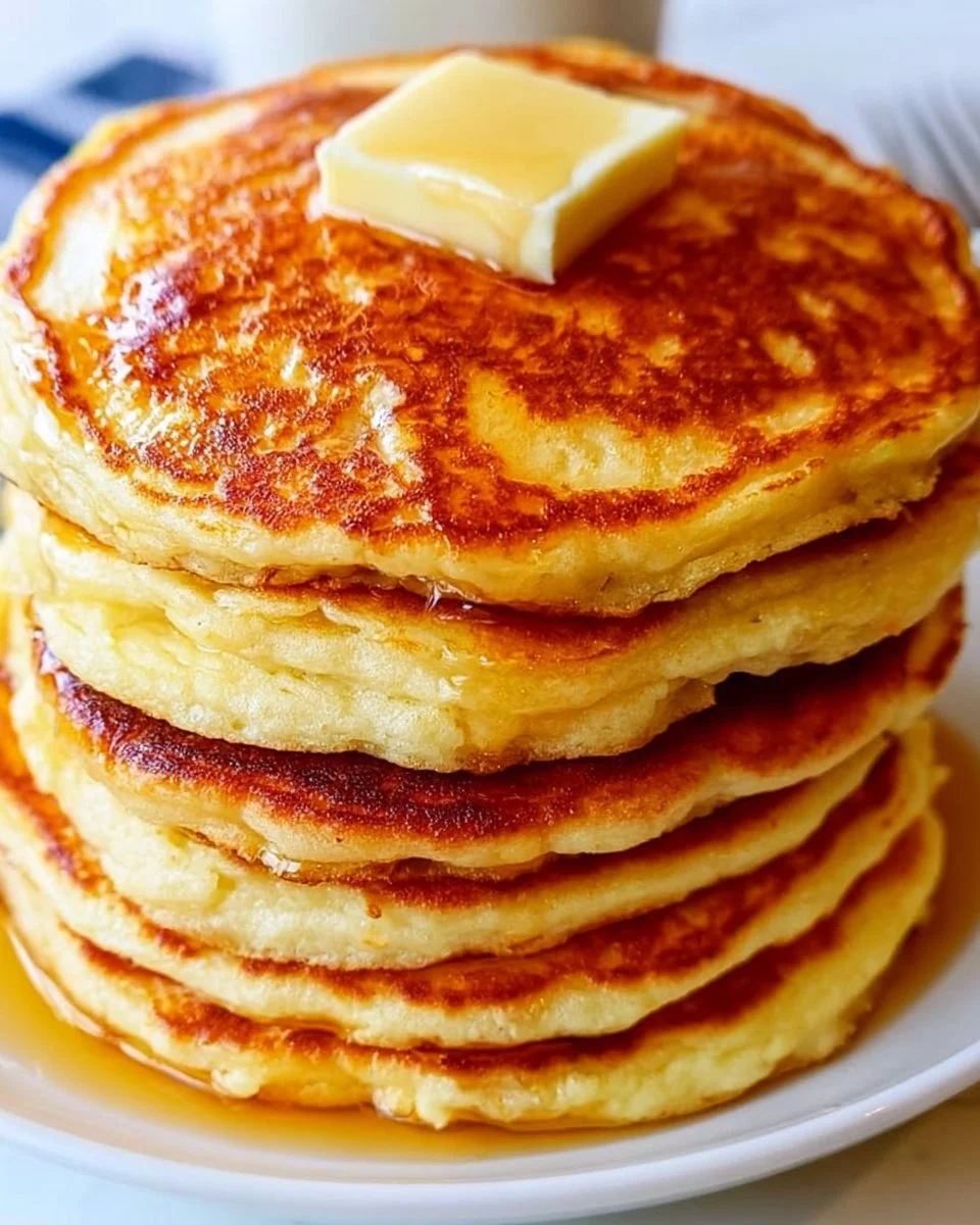Stack of fluffy 5-ingredient pancakes served with maple syrup and berries