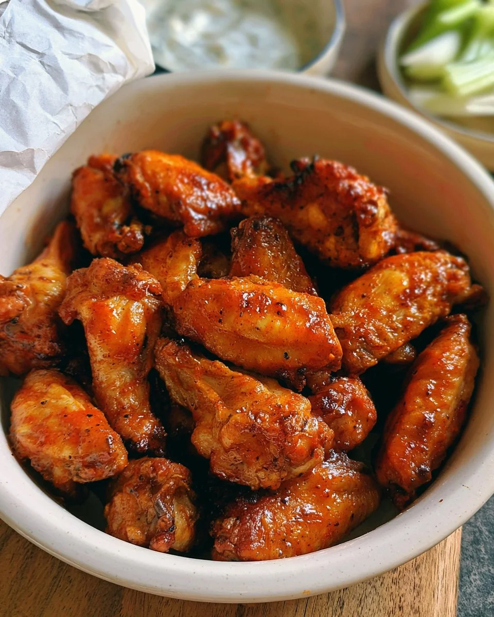 Delicious air fryer buffalo wings served with dipping sauce