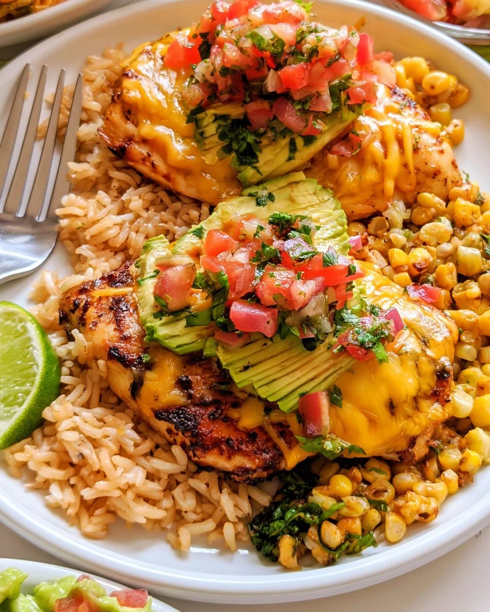 Delicious Fiesta Lime Chicken served with fresh toppings and lime wedges