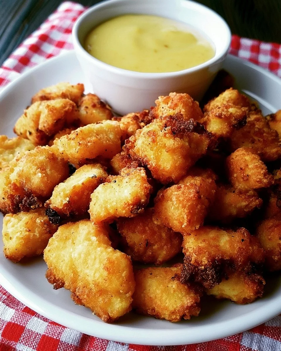 Plate of baked chicken nuggets served with honey mustard dip