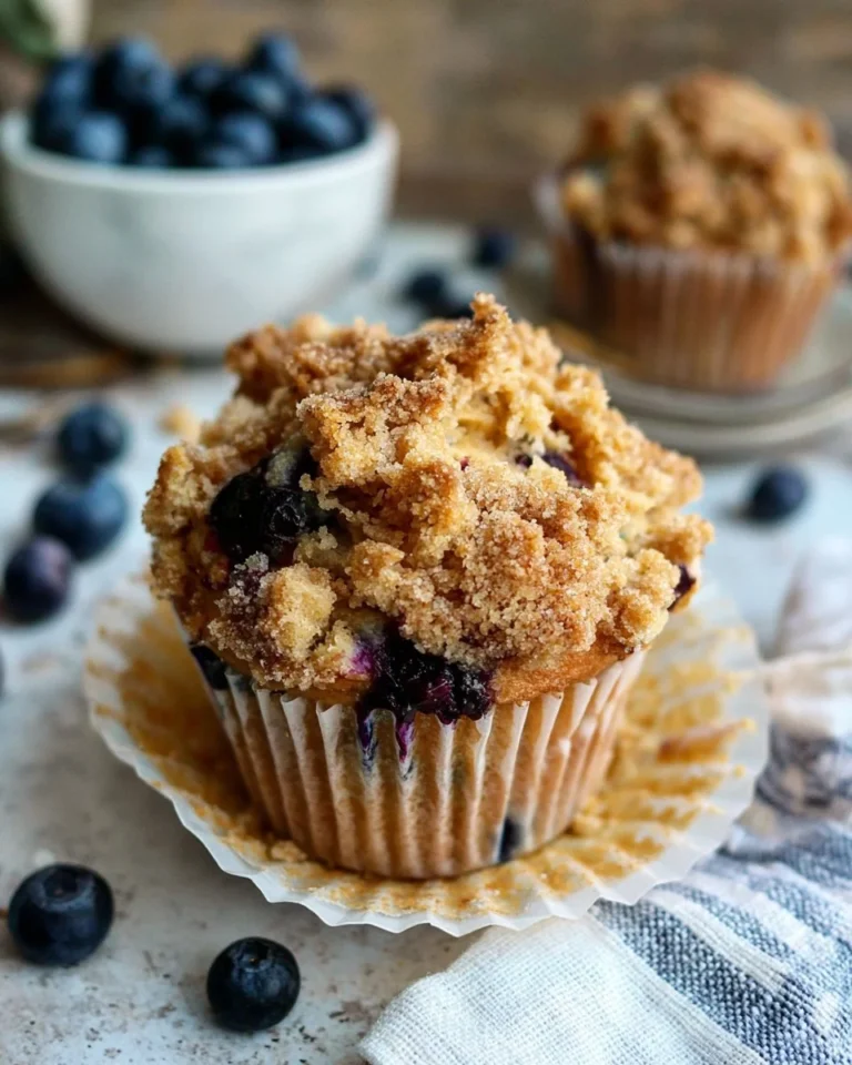 Bakery style blueberry crumble muffins with fresh blueberries and a golden crumble topping