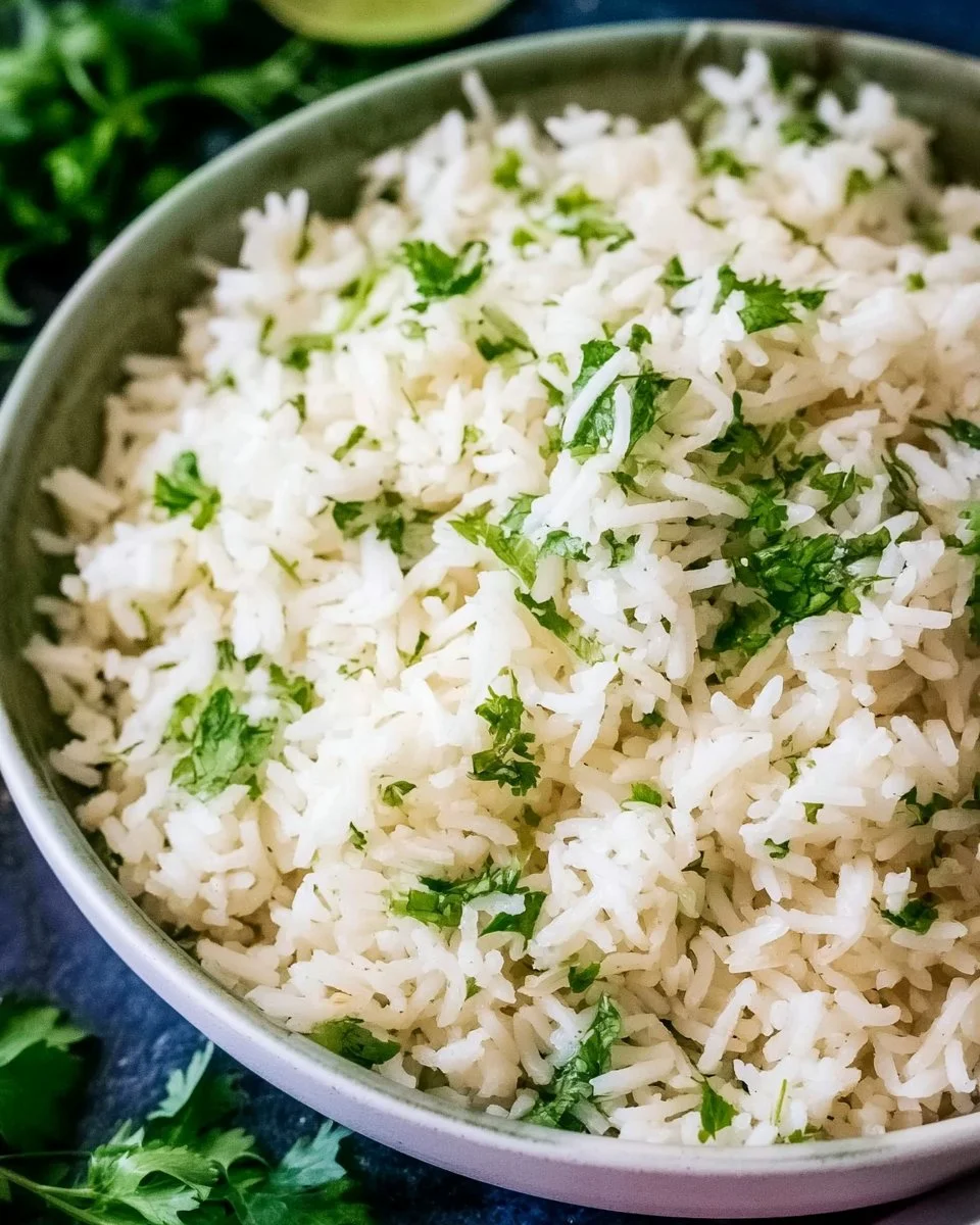 Bowl of cilantro lime rice with fresh cilantro and lime wedges as a tasty side dish