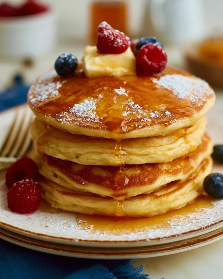 Fluffy buttermilk pancakes stacked with butter and syrup