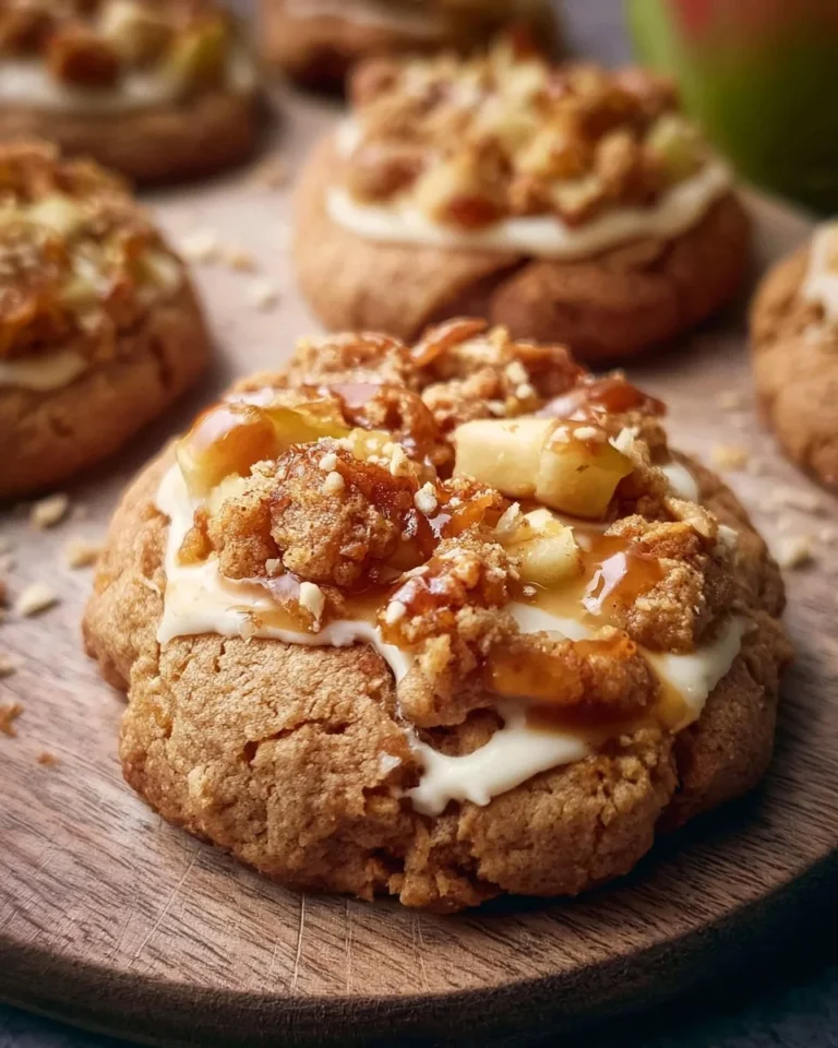 Delicious caramel apple cookies topped with caramel drizzle and apple chunks