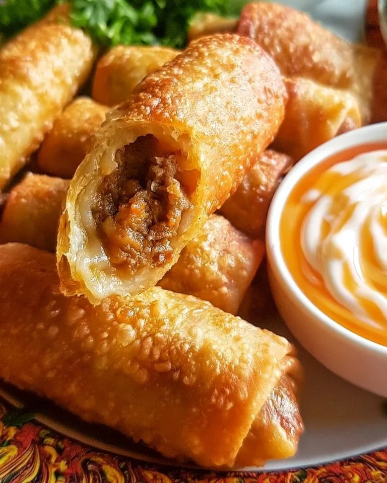 Cheeseburger spring rolls filled with beef, cheese, and spices, served hot.