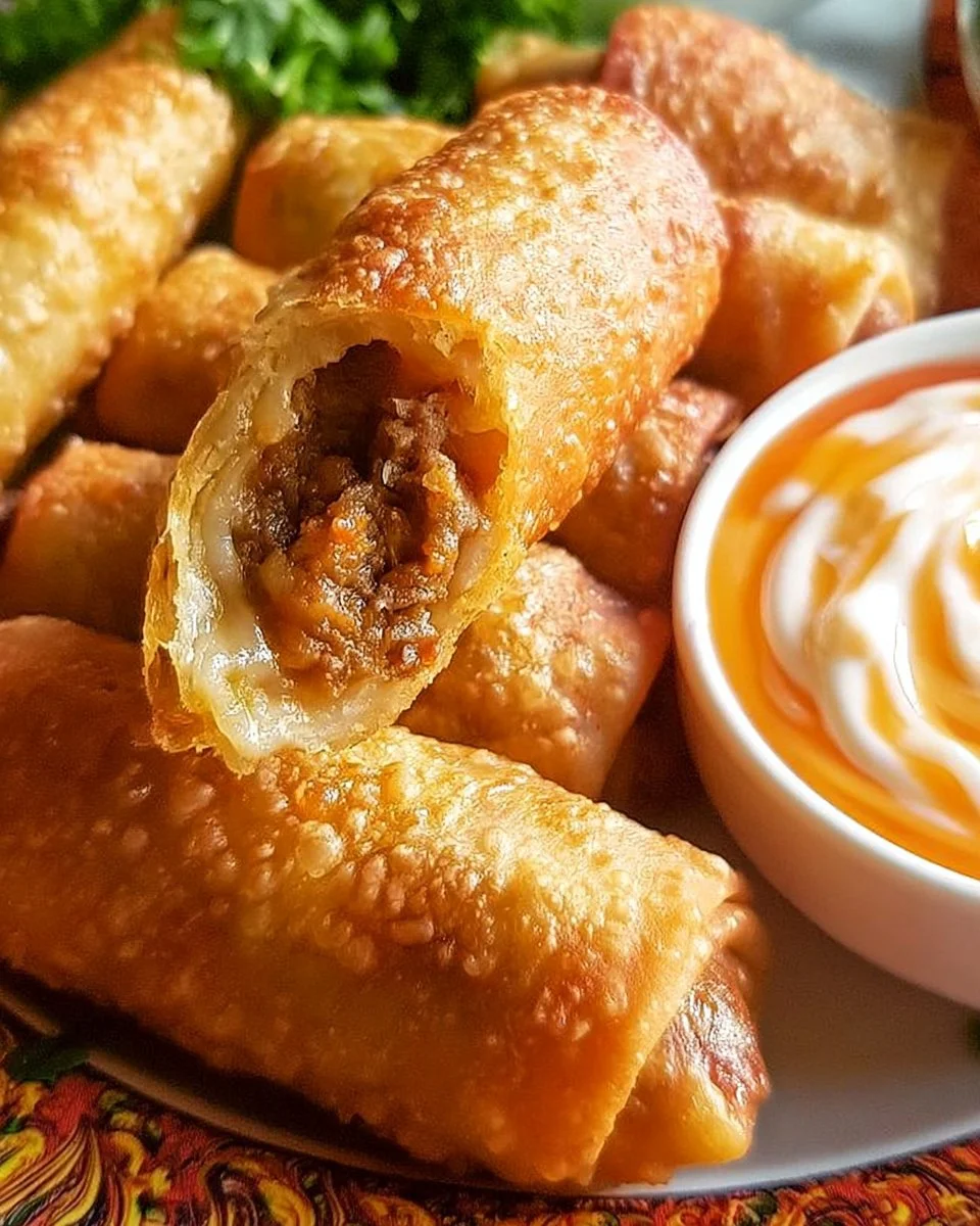 Cheeseburger spring rolls filled with beef, cheese, and spices, served hot.