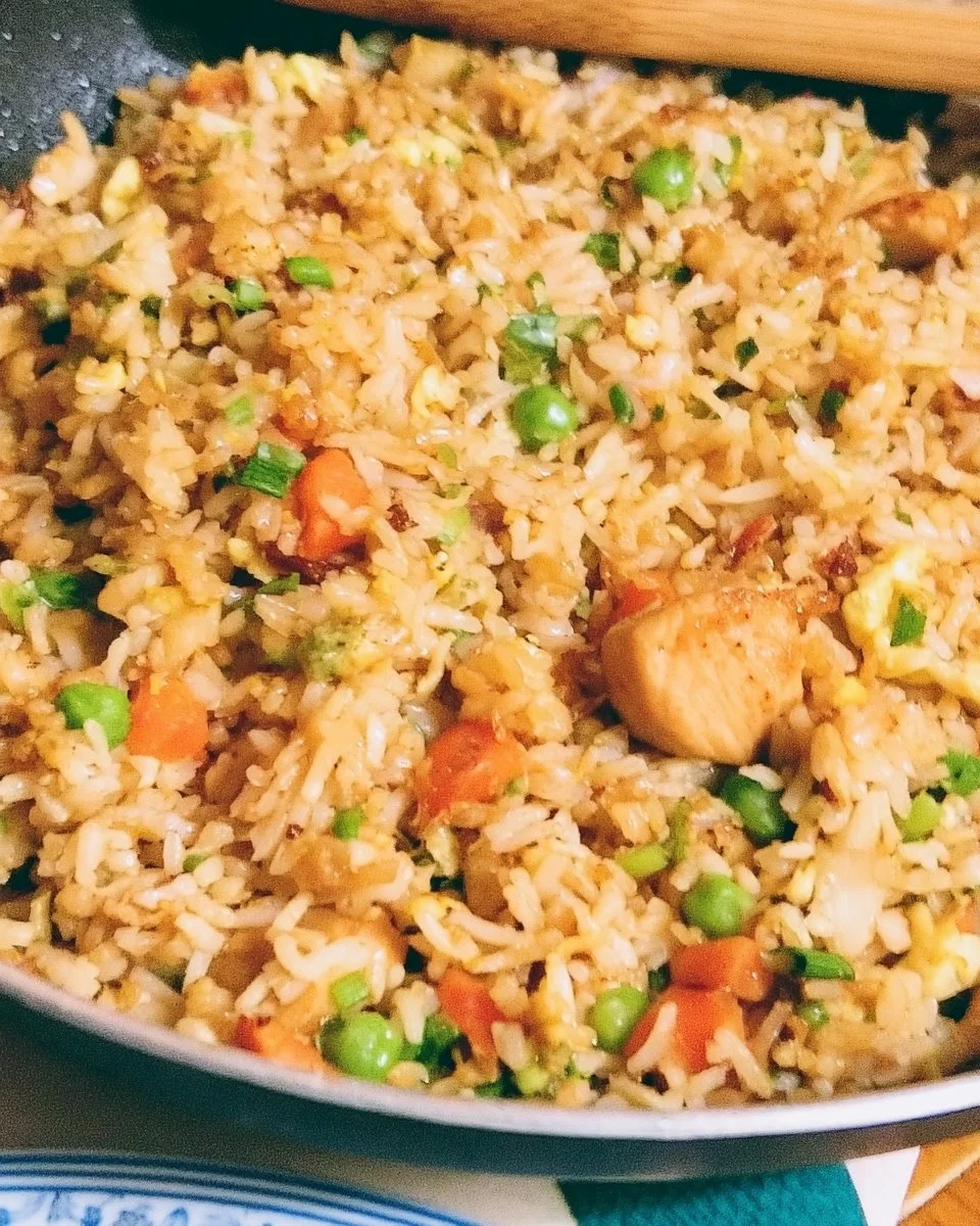 A bowl of chicken fried rice with vegetables and chicken pieces for an easy weeknight meal