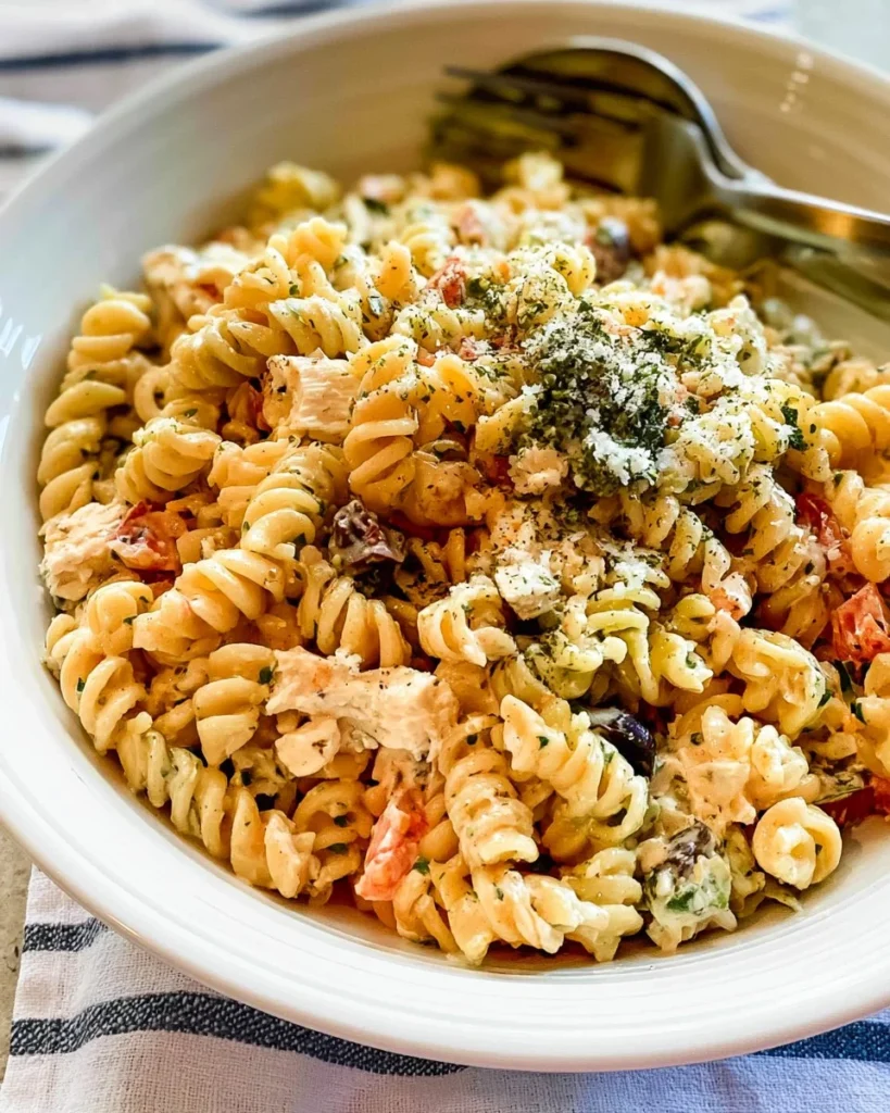 Delicious Chicken Salad Chick Pasta Salad ready to serve in a bowl.