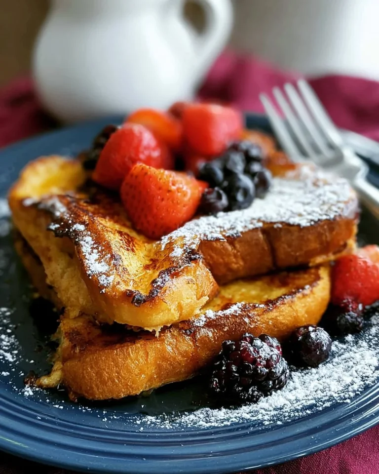 Delicious classic French toast served with syrup and fruit on a breakfast plate.