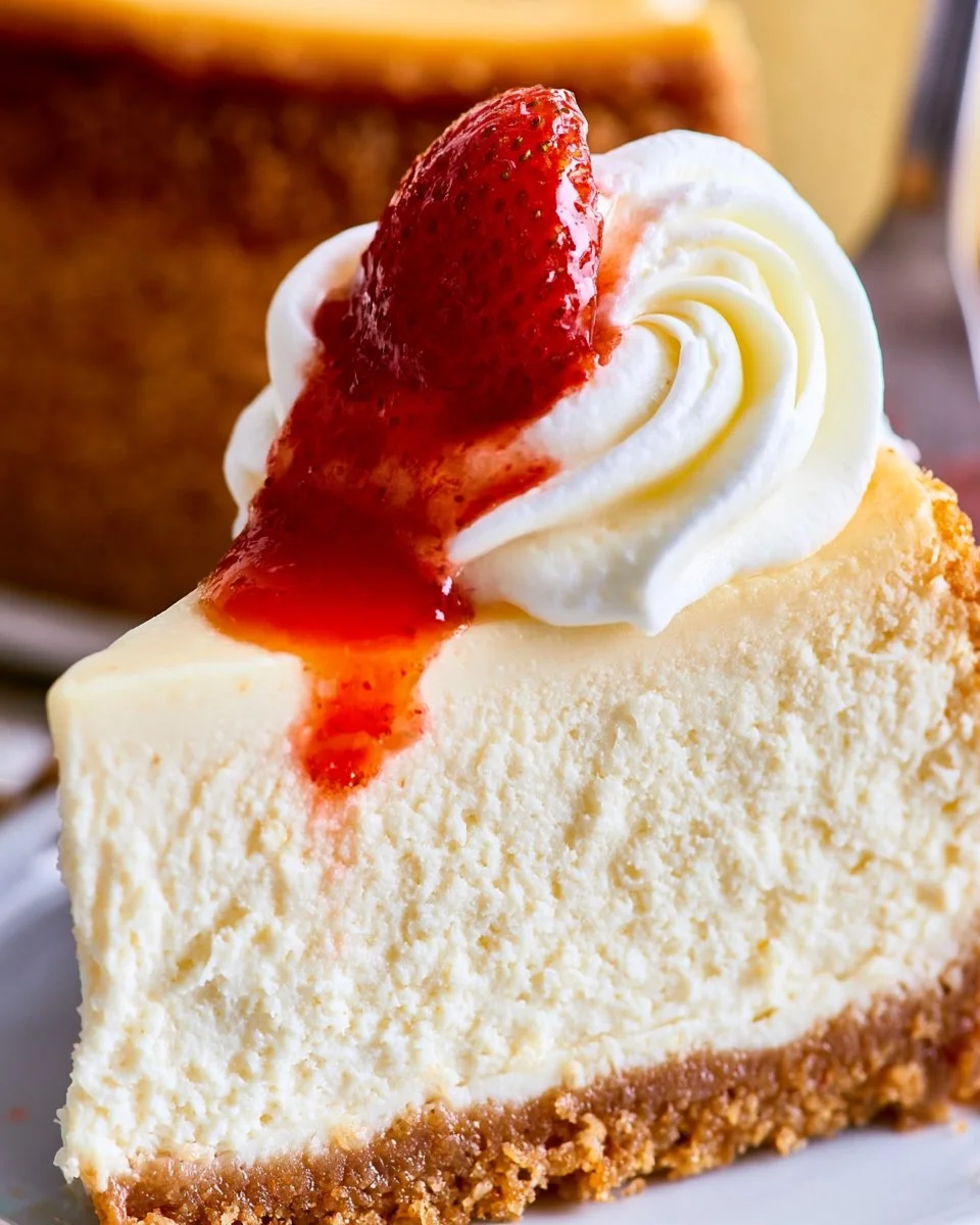 Slice of Copycat Cheesecake Factory cheesecake on a plate