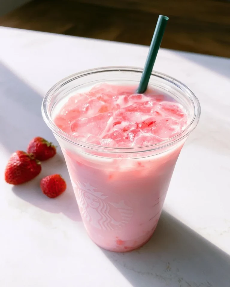 Homemade Copycat Starbucks Pink Drink served in a clear glass with fresh strawberries