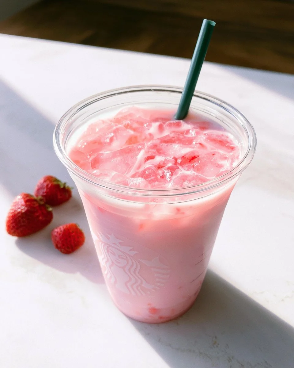 Homemade Copycat Starbucks Pink Drink served in a clear glass with fresh strawberries