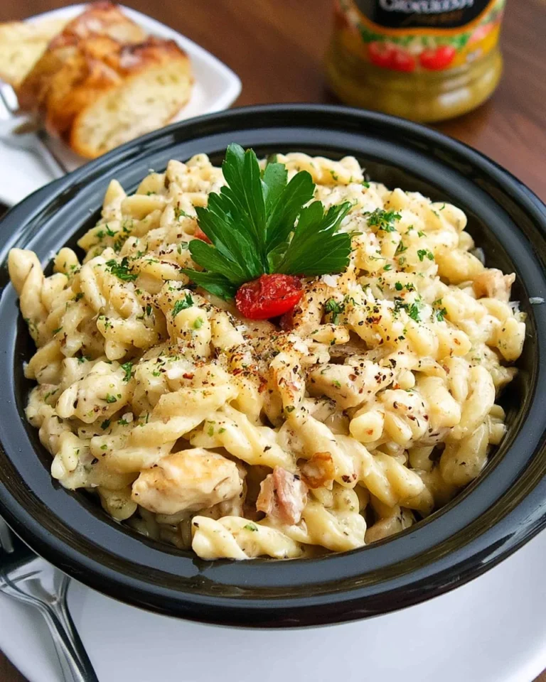 Crockpot Olive Garden chicken pasta garnished with parsley in a bowl.