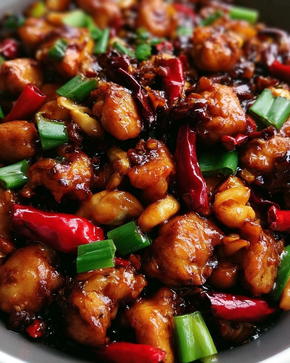 Delicious Easy Family Dinner Kung Pao Chicken served in a bowl with fresh vegetables
