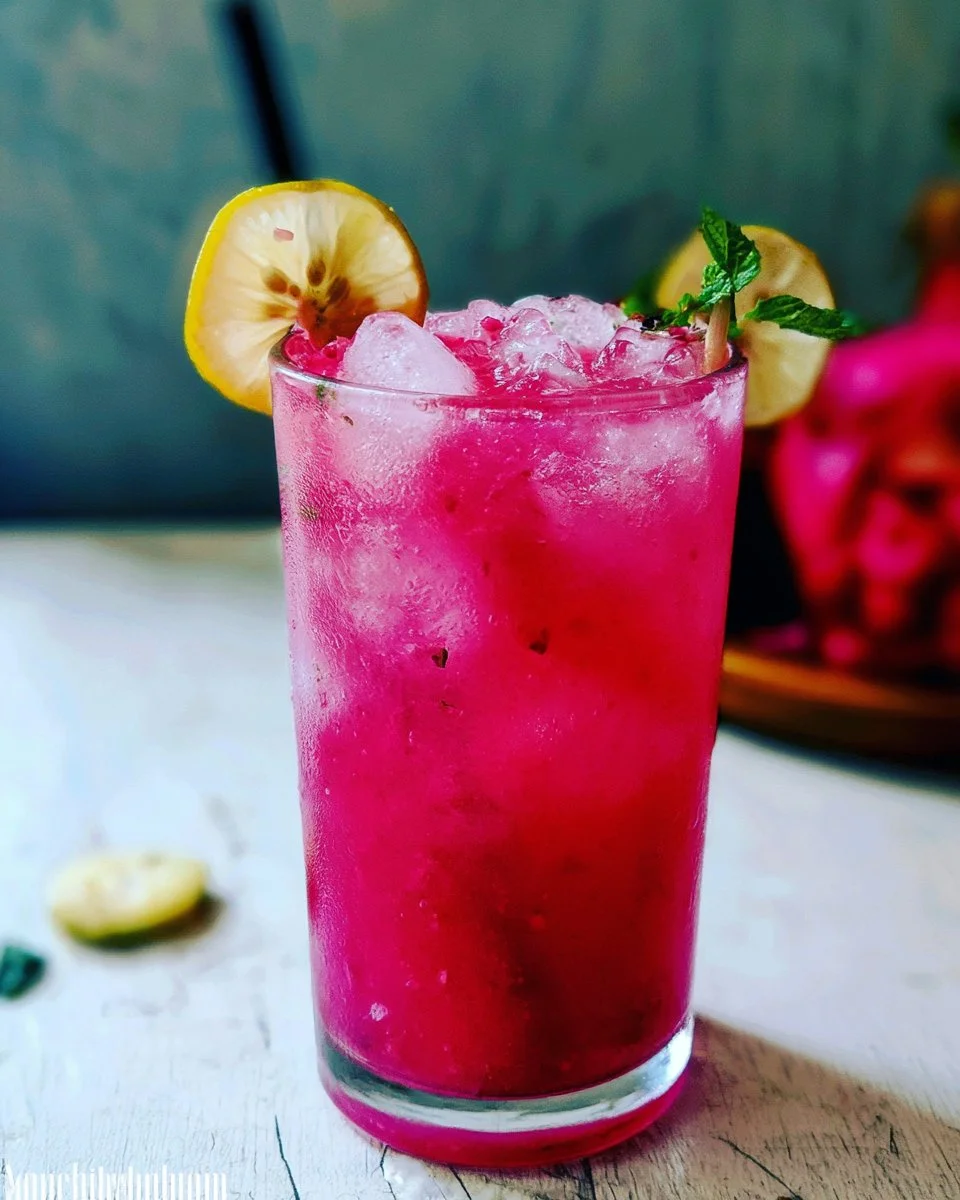 Homemade mango dragonfruit refresher in a glass with fresh fruits