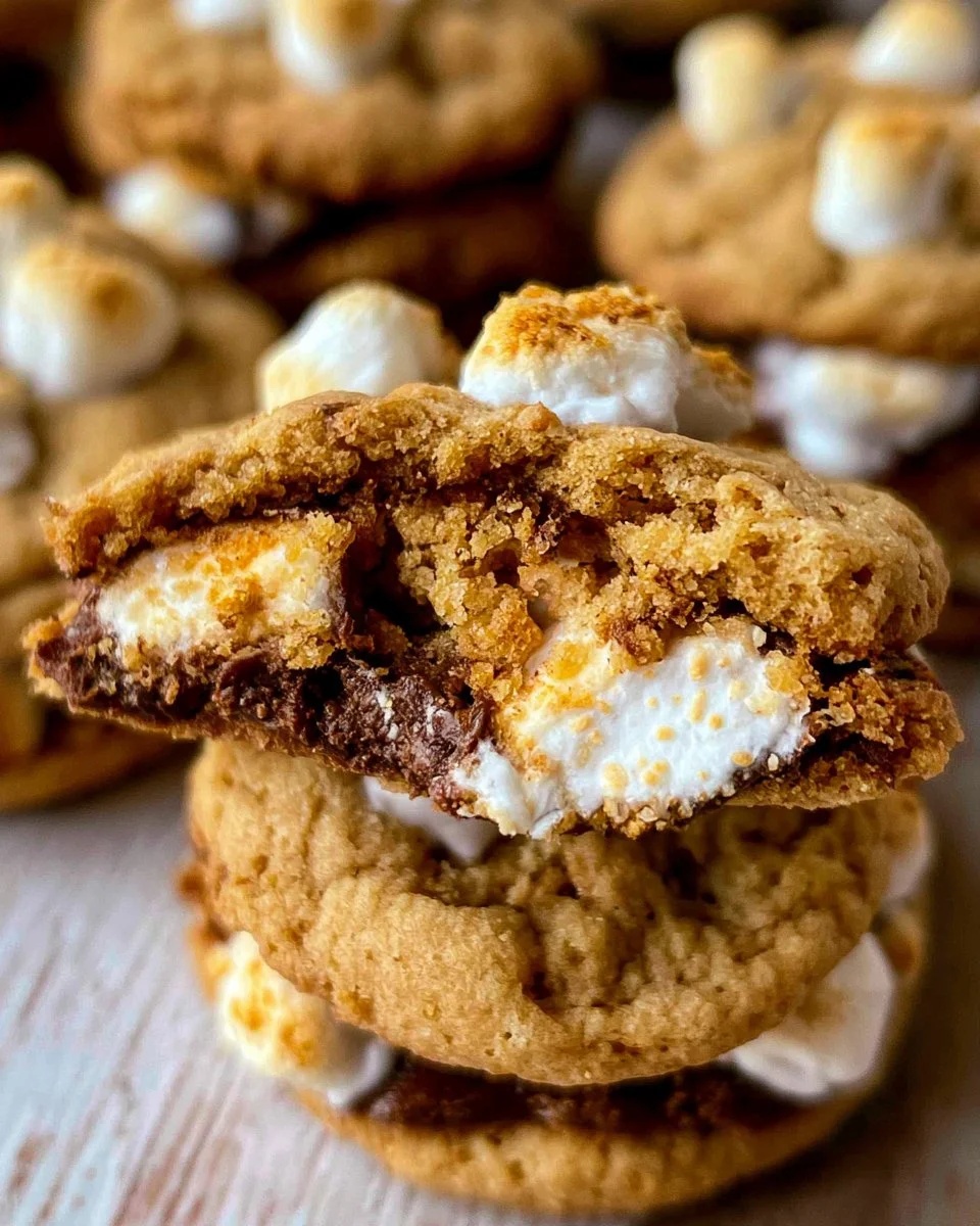 Delicious homemade S’mores cookies stuffed with chocolate and marshmallows