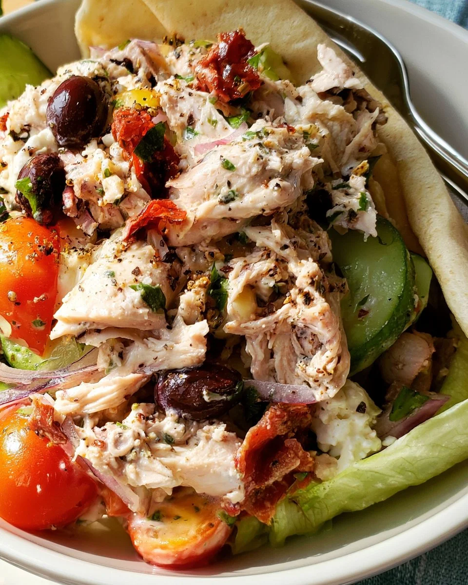A fresh Greek Chicken Salad made with chicken, olives, and feta cheese.