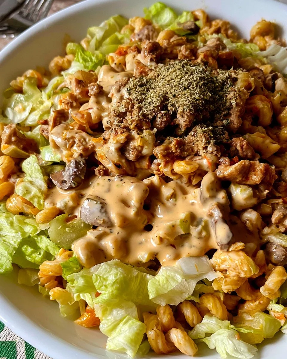 Healthier Big Mac Pasta Salad with fresh ingredients and pasta