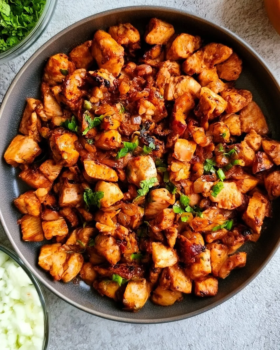 Plate of high protein chipotle chicken with fresh ingredients and spices