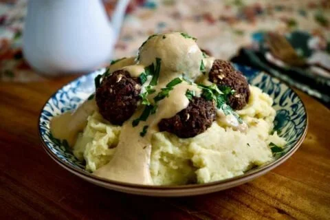 Ikea style plant-based Swedish meatballs served on a plate