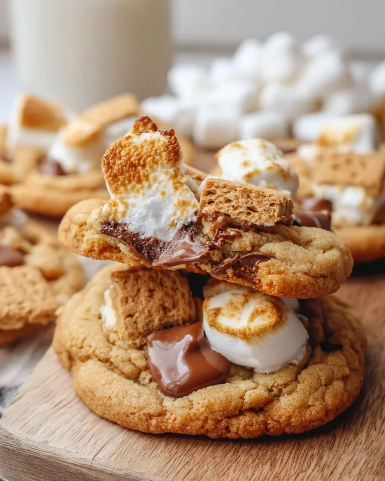 Loaded s'mores chocolate chunk cookies with melted marshmallows and chocolate chips