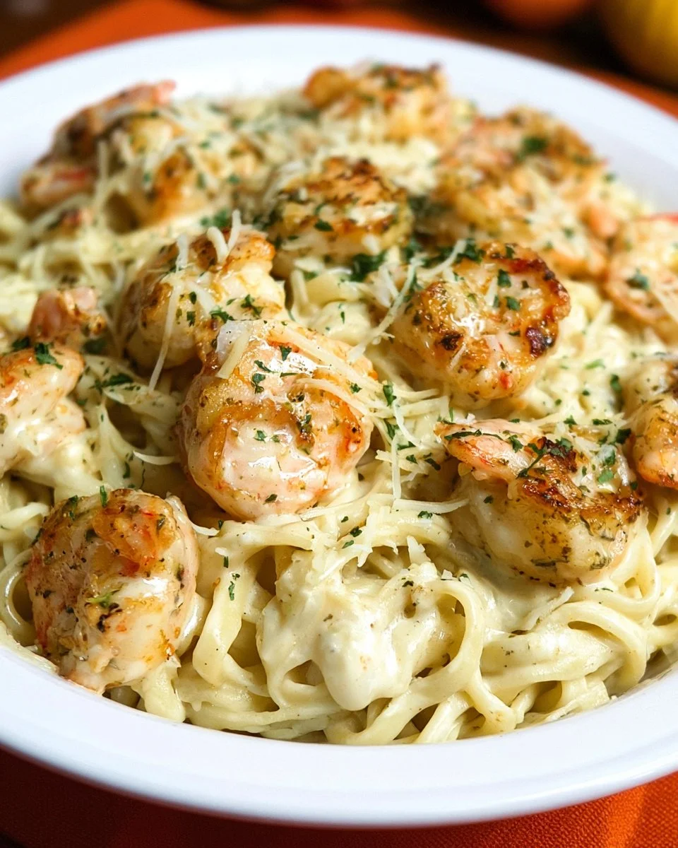 Olive Garden Seafood Alfredo with shrimp and scallops in creamy sauce