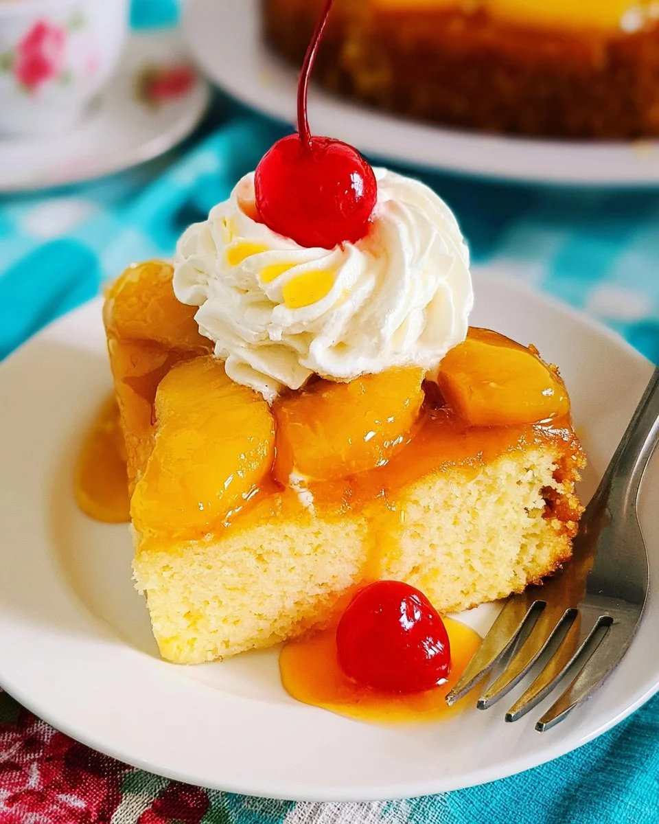 Slice of Pineapple Upside Down Cheesecake garnished with cherries and pineapple slices