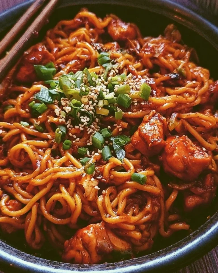 Delicious spicy Korean chicken noodles garnished with vegetables and herbs.