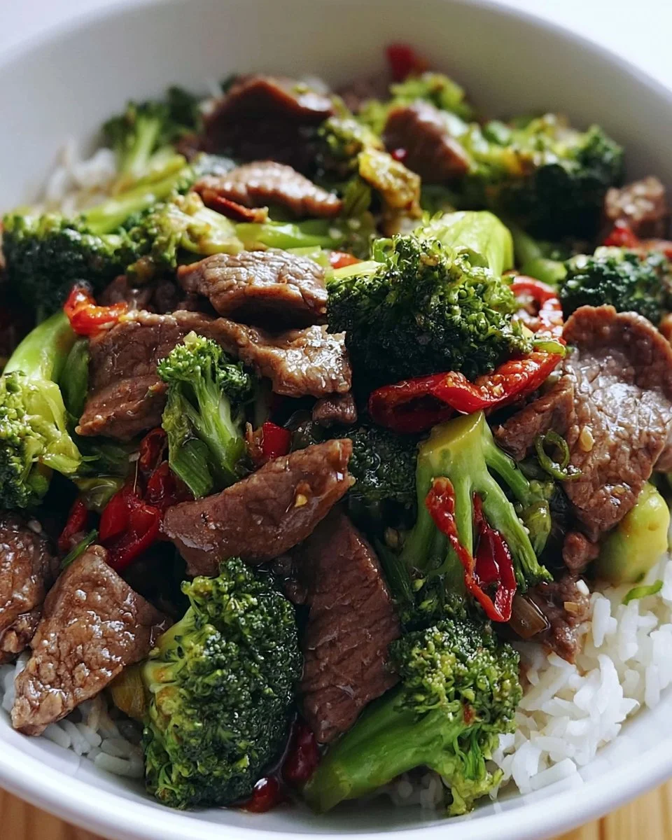 Saucy beef and broccoli stir fry served in a bowl.