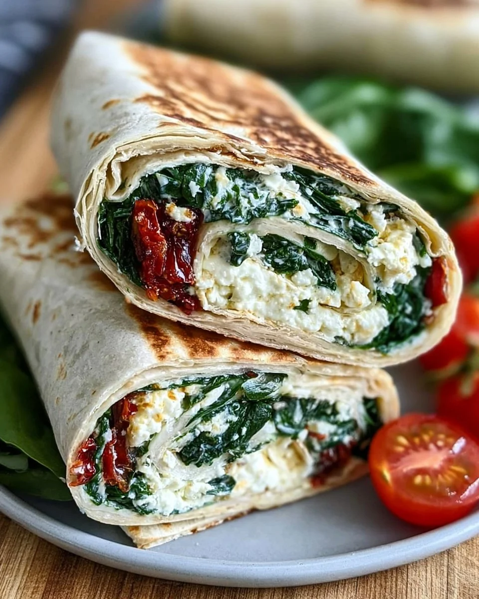 Delicious spinach feta wraps served on a plate with fresh ingredients